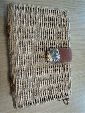 LC Lauren Conrad Cream Woven Clutch with Tan Leather Strap & Silver Shell